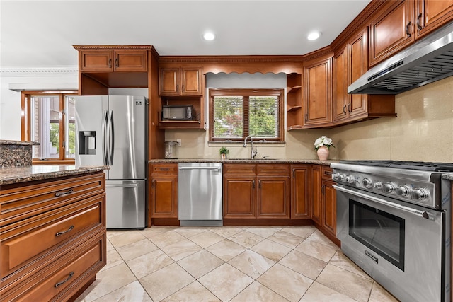 154-70 11th Ave, Beechhurst, NY 11357 - kitchen with appliances with stainless steel finishes, under cabinet range hood, open shelves, backsplash, and recessed lighting