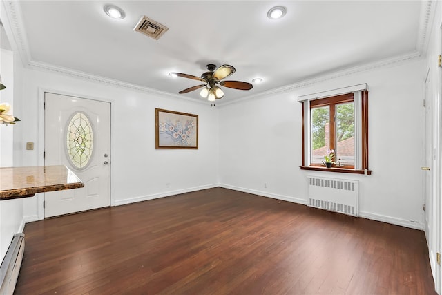 154-70 11th Ave, Beechhurst, NY 11357 - foyer entrance with radiator heating unit, a baseboard heating unit, a ceiling fan, dark wood-style flooring, and ornamental molding