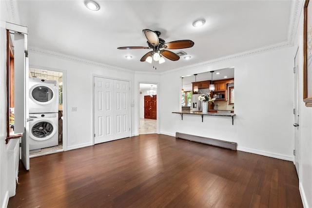154-70 11th Ave, Beechhurst, NY 11357 - laundry area with estacked washer and dryer, ceiling fan, dark wood finished floors, a baseboard radiator, and ornamental molding
