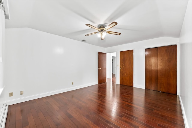 154-70 11th Ave, Beechhurst, NY 11357 - unfurnished bedroom featuring hardwood / wood-style floors, multiple closets, baseboard heating, lofted ceiling, and ceiling fan
