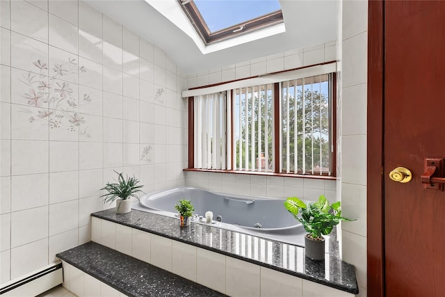 154-70 11th Ave, Beechhurst, NY 11357 - full bathroom featuring baseboard heating, tile walls, a skylight, and a tub with jets