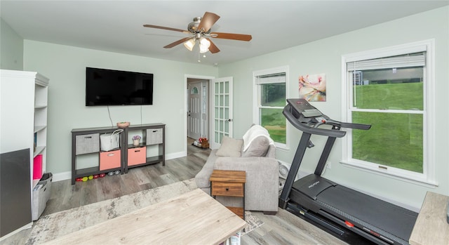 7 Glen Ct, Pawling, NY 12564 - workout room with wood finished floors, a ceiling fan, plenty of natural light, and french doors