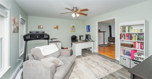 7 Glen Ct, Pawling, NY 12564 - office featuring wood finished floors, a ceiling fan, and a wood stove