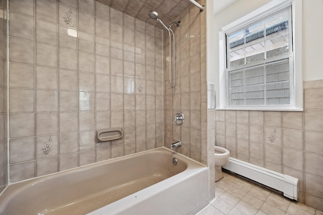 1639 Hone Ave, Bronx, NY 10461 - full bathroom with a baseboard heating unit, tile walls, shower / tub combination, and tile patterned floors