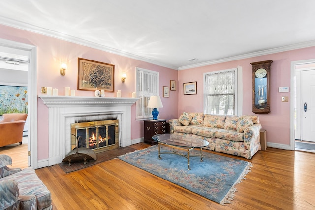42 E Webster St, Merrick, NY 11566 - living room featuring wood finished floors, crown molding, and a fireplace with flush hearth