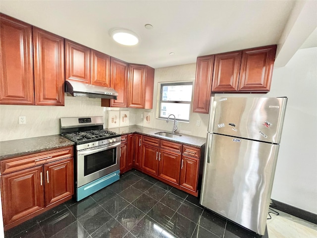 31-47 137th St Unit 3C, Flushing, NY 11354 - kitchen with appliances with stainless steel finishes, under cabinet range hood, and dark stone counters