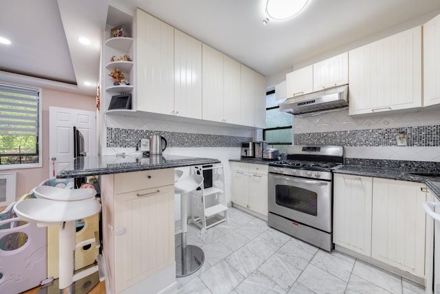 140-10 84th Dr Unit 2B, Briarwood, NY 11435 - kitchen with stainless steel range with gas stovetop, under cabinet range hood, open shelves, decorative backsplash, and dark stone countertops