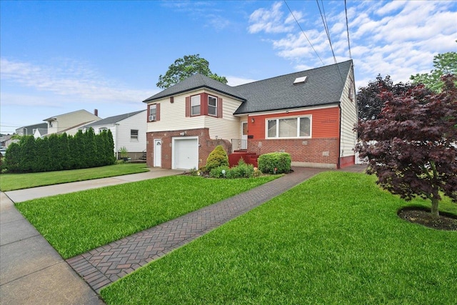 159 Branch Ave, Freeport, NY 11520 - view of front of property featuring brick siding, an attached garage, driveway, a front yard, and a shingled roof