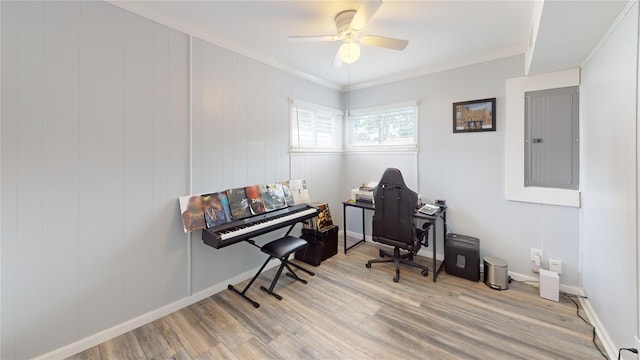 45 Tamarack St, Central Islip, NY 11722 - office area featuring electric panel, wood finished floors, a ceiling fan, and ornamental molding