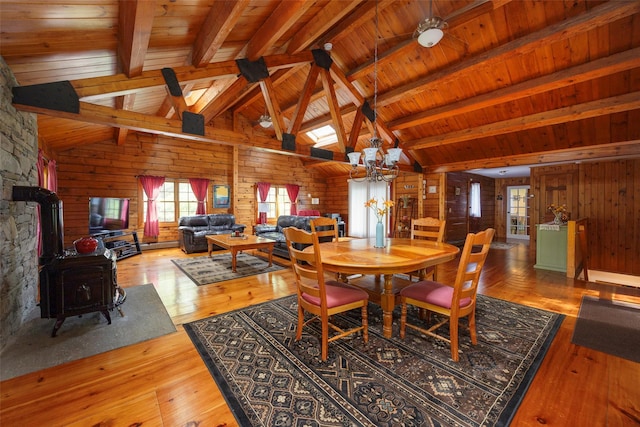 844 Salt Point Tpke, Pleasant Valley, NY 12601 - dining area with a wood stove, wooden walls, hardwood / wood-style flooring, a chandelier, and wood ceiling