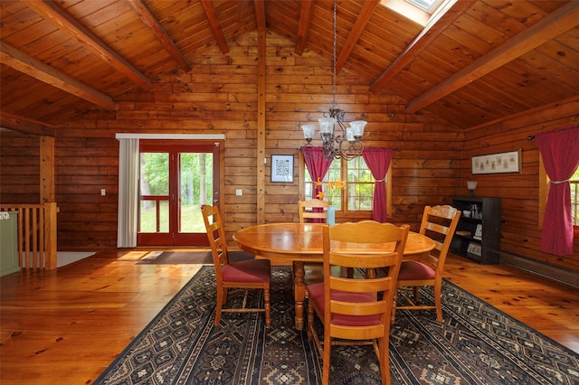 844 Salt Point Tpke, Pleasant Valley, NY 12601 - dining room with hardwood / wood-style floors, wooden ceiling, a chandelier, and wood walls