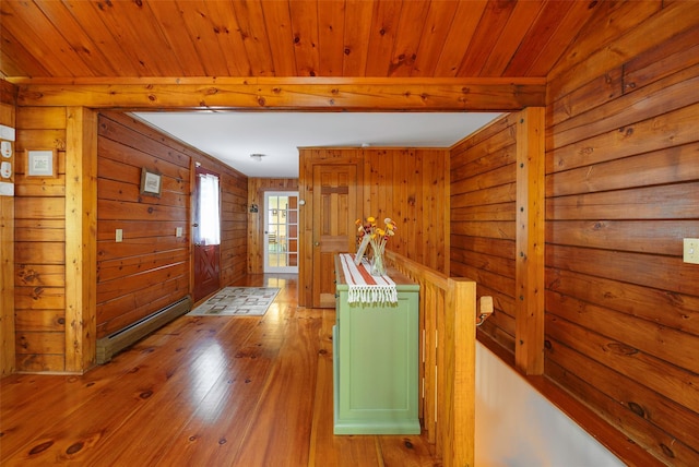844 Salt Point Tpke, Pleasant Valley, NY 12601 - hall with wooden walls, wood finished floors, baseboard heating, and a wooden ceiling with exposed beams