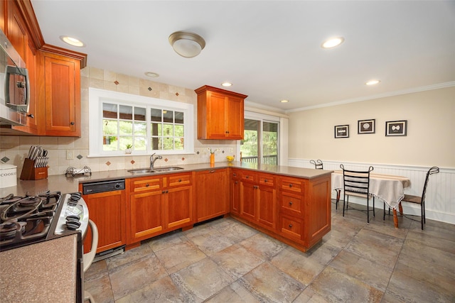 844 Salt Point Tpke, Pleasant Valley, NY 12601 - kitchen featuring stainless steel appliances, ornamental molding, brown cabinetry, a peninsula, and backsplash