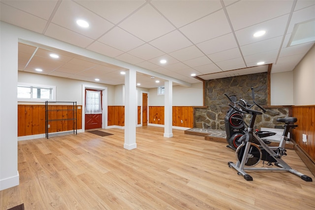 844 Salt Point Tpke, Pleasant Valley, NY 12601 - exercise room featuring wood finished floors, wainscoting, a paneled ceiling, and wooden walls