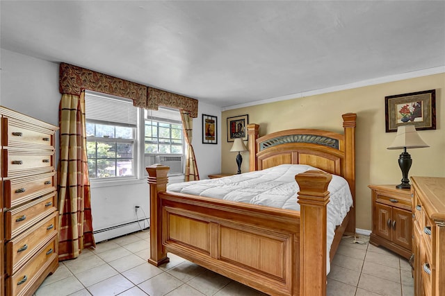 33 Breston Dr W, Shirley, NY 11967 - bedroom with baseboard heating, light tile patterned flooring, cooling unit, and crown molding