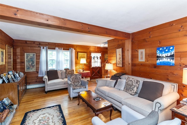 12 Greentree Ct, Northport, NY 11768 - living room with wood walls, light wood finished floors, a baseboard heating unit, and beamed ceiling