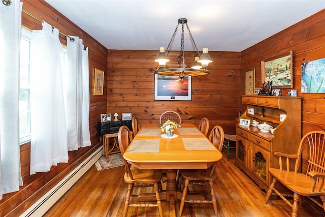 12 Greentree Ct, Northport, NY 11768 - dining room featuring baseboard heating, wood finished floors, a chandelier, and wooden walls