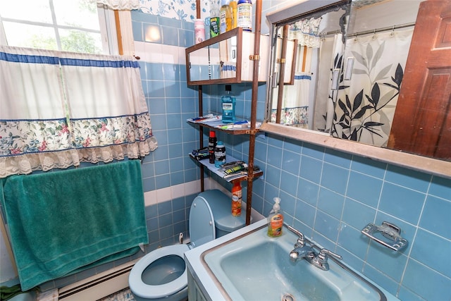 12 Greentree Ct, Northport, NY 11768 - bathroom featuring tile walls, baseboard heating, curtained shower, and decorative backsplash