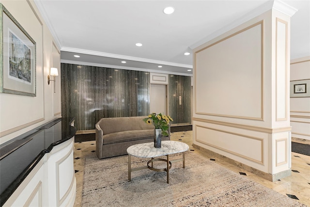 301 E 69th St Unit 4C, New York Manhattan, NY 10021 - community lobby with crown molding, recessed lighting, and a decorative wall