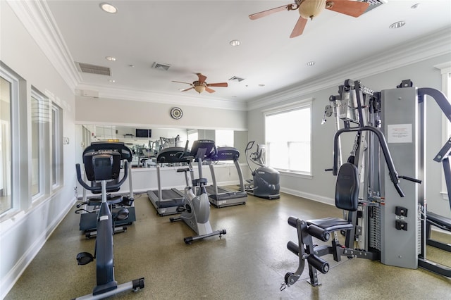 109 Louden Loop, Mount Sinai, NY 11766 - workout area featuring ceiling fan, recessed lighting, and ornamental molding