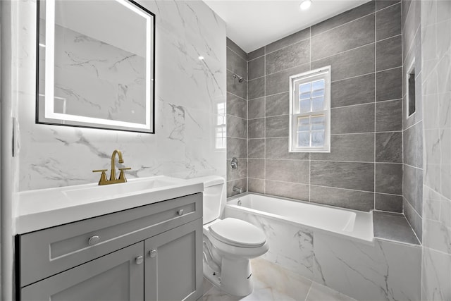 24-08 97th St, East Elmhurst, NY 11369 - full bath featuring tile walls, vanity, and a combined bath / shower with marble appearance