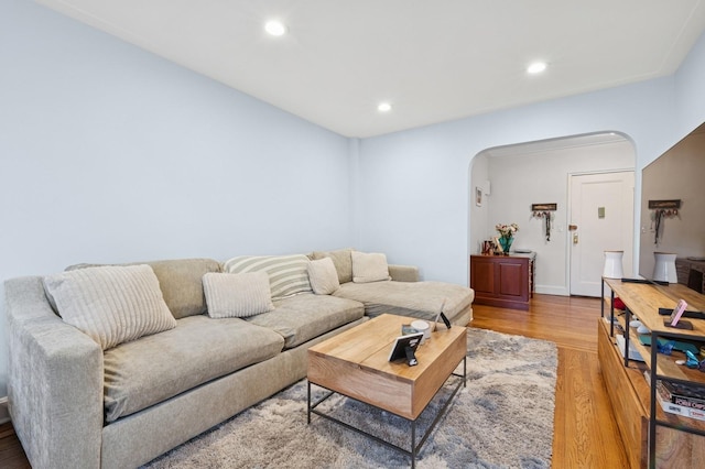 102 S Village Ave Unit 3A, Rockville Centre, NY 11570 - living area featuring arched walkways, wood finished floors, and recessed lighting