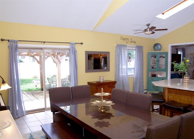 2189 Cedar Ave, Ronkonkoma, NY 11779 - dining space with lofted ceiling, a ceiling fan, light tile patterned floors, and a skylight