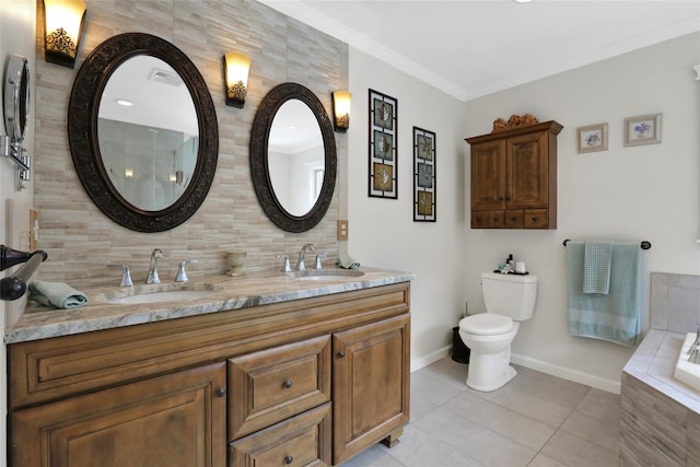 35 Lattintown Rd, Newburgh, NY 12550 - bathroom with tasteful backsplash, double vanity, tile patterned floors, a bath, and crown molding