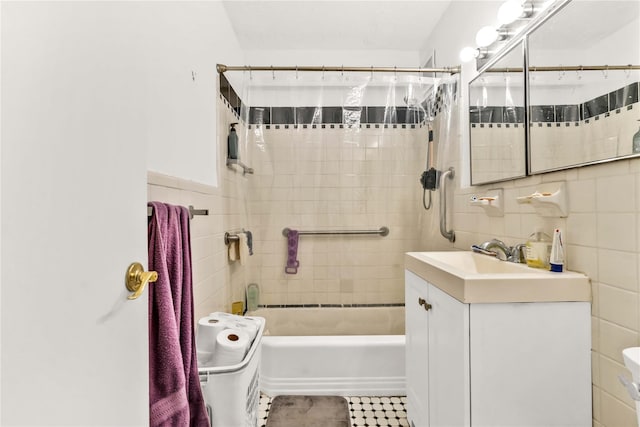 175 Archer St Unit 3A, Freeport, NY 11520 - bathroom with tile walls, vanity, shower / tub combo with curtain, and tile patterned floors