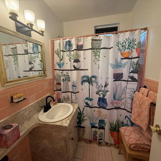 83-20 98th St Unit 1H, Woodhaven, NY 11421 - bathroom with vanity, tile patterned floors, tile walls, backsplash, and a shower with curtain
