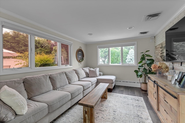 2854 Lenox Rd, Oceanside, NY 11572 - living area with a baseboard radiator, ornamental molding, and dark wood-type flooring