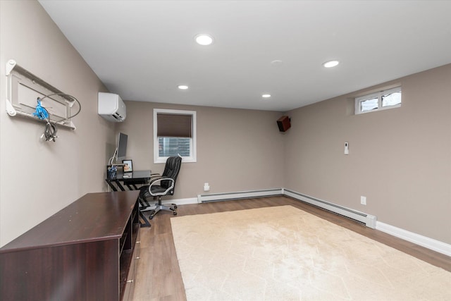 2854 Lenox Rd, Oceanside, NY 11572 - unfurnished office with a wall mounted AC, recessed lighting, wood finished floors, a baseboard radiator, and a baseboard heating unit