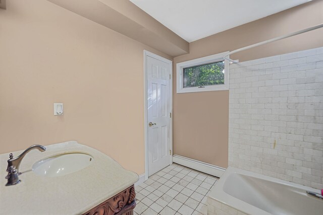 436 Oceanside St, Islip Terrace, NY 11752 - full bathroom featuring a baseboard radiator, tile patterned flooring, vanity, and tub / shower combination