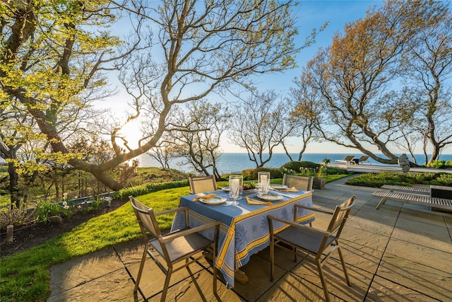 4105 Soundview Ave, Mattituck, NY 11952 - deck featuring outdoor dining area, a patio, and a water view