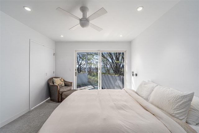 4105 Soundview Ave, Mattituck, NY 11952 - carpeted bedroom with access to exterior, recessed lighting, and a ceiling fan