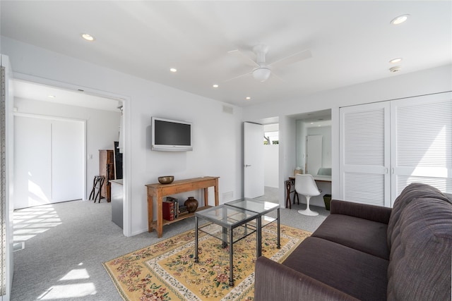 4105 Soundview Ave, Mattituck, NY 11952 - living room with ceiling fan, carpet, and recessed lighting