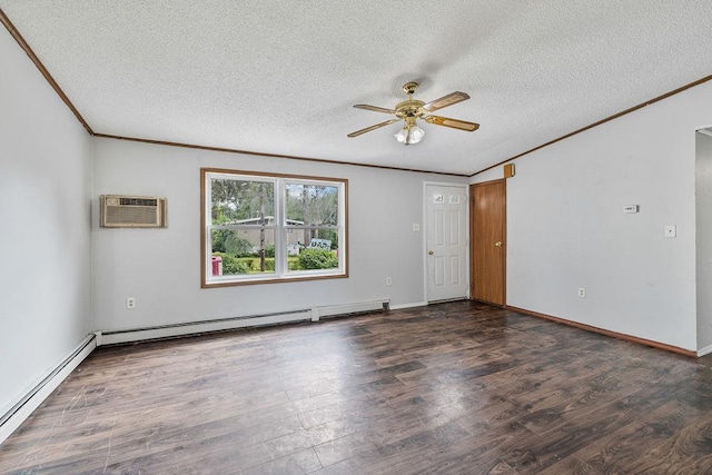 14 Cooper Dr, Nanuet, NY 10954 - empty room featuring an AC wall unit, ornamental molding, wood finished floors, ceiling fan, and a textured ceiling