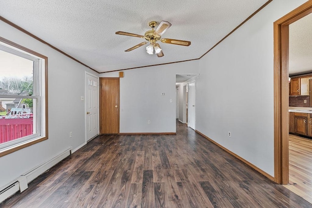 14 Cooper Dr, Nanuet, NY 10954 - unfurnished room featuring a baseboard radiator, crown molding, wood finished floors, a textured ceiling, and ceiling fan