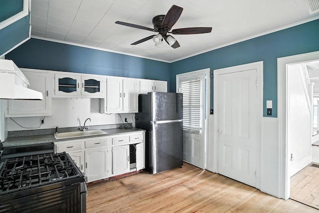 14 Washington Ave, Port Jervis, NY 12771 - kitchen featuring black appliances, a ceiling fan, white cabinets, custom range hood, and crown molding