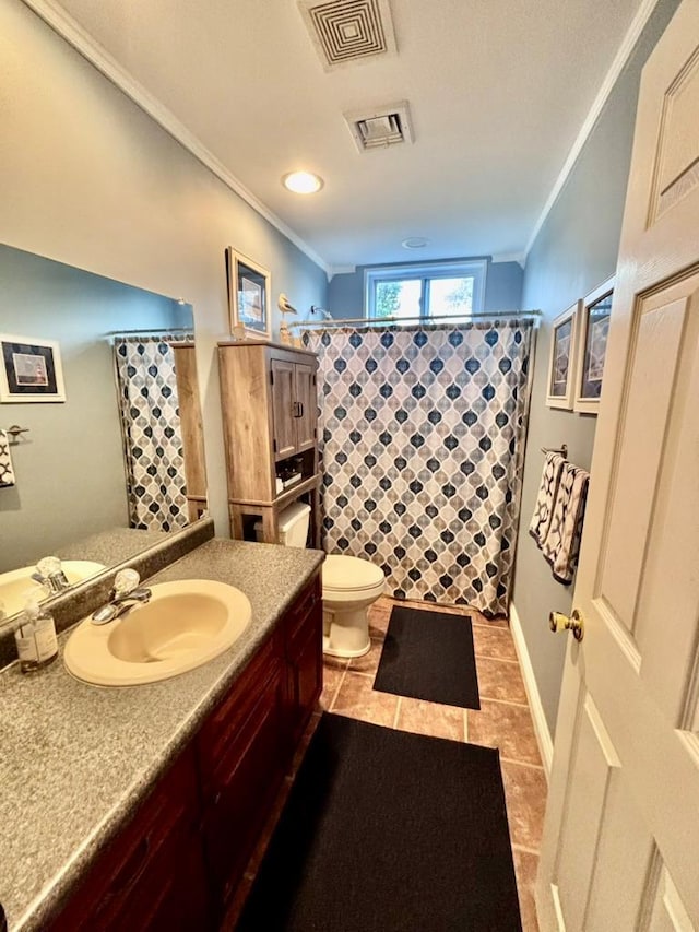 1002 Forest Gln, New Windsor, NY 12553 - bathroom with crown molding, vanity, tile patterned floors, and curtained shower