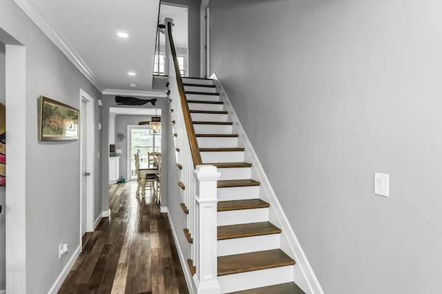 10 Garfield Pl, Massapequa, NY 11758 - staircase with crown molding, wood-type flooring, and recessed lighting