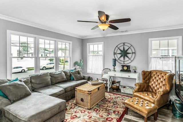 10 Garfield Pl, Massapequa, NY 11758 - living room featuring ornamental molding, ceiling fan, and wood finished floors