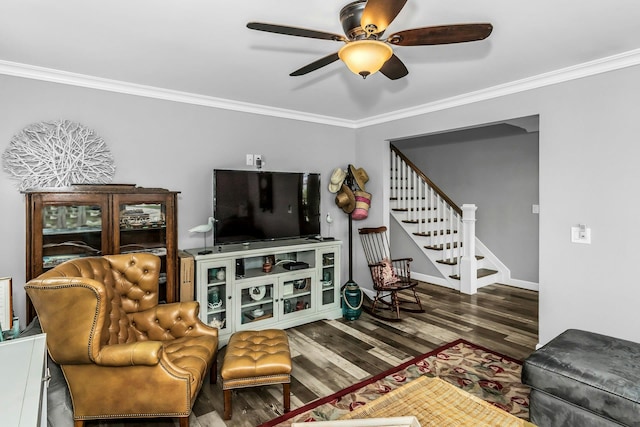 10 Garfield Pl, Massapequa, NY 11758 - living room featuring ceiling fan, crown molding, wood finished floors, and stairway