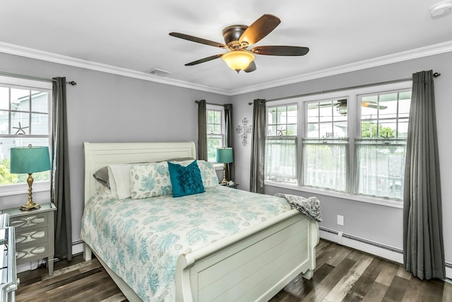 10 Garfield Pl, Massapequa, NY 11758 - bedroom with dark wood-style floors, multiple windows, a baseboard radiator, and crown molding