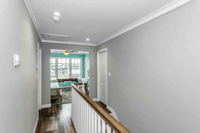 10 Garfield Pl, Massapequa, NY 11758 - hall with ornamental molding, attic access, recessed lighting, and dark wood-type flooring