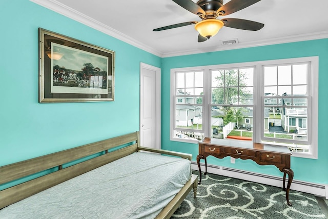 10 Garfield Pl, Massapequa, NY 11758 - bedroom featuring a baseboard radiator, crown molding, and a ceiling fan