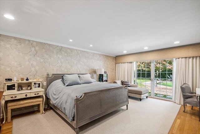7 Westview Ln, Scarsdale, NY 10583 - bedroom featuring wallpapered walls, crown molding, light wood-type flooring, recessed lighting, and access to exterior