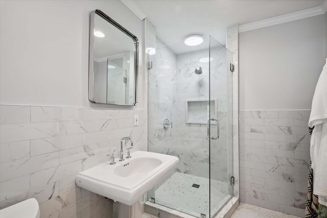7 Westview Ln, Scarsdale, NY 10583 - bathroom featuring tile walls, a stall shower, and ornamental molding