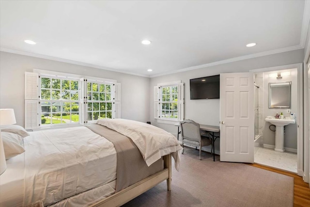 7 Westview Ln, Scarsdale, NY 10583 - bedroom with ornamental molding, recessed lighting, wood finished floors, and connected bathroom