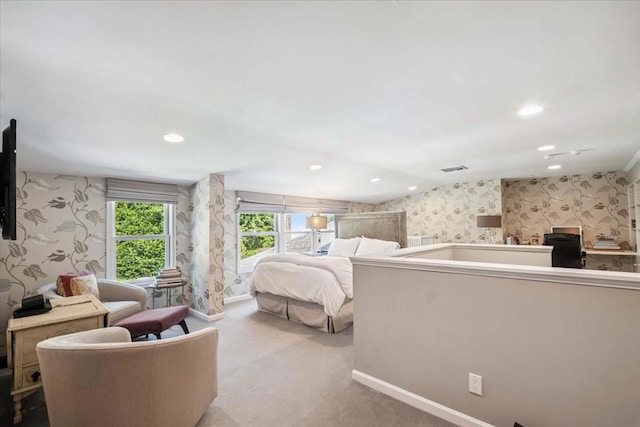 7 Westview Ln, Scarsdale, NY 10583 - bedroom featuring wallpapered walls, carpet, and recessed lighting